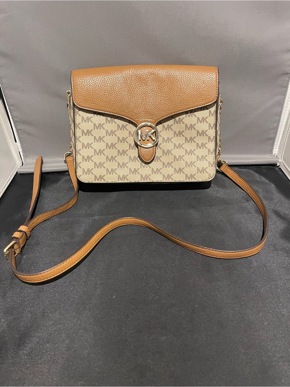 Michael Kors Brown/White Logo Crossbody Bag, Snap Closure, Gold Hardware